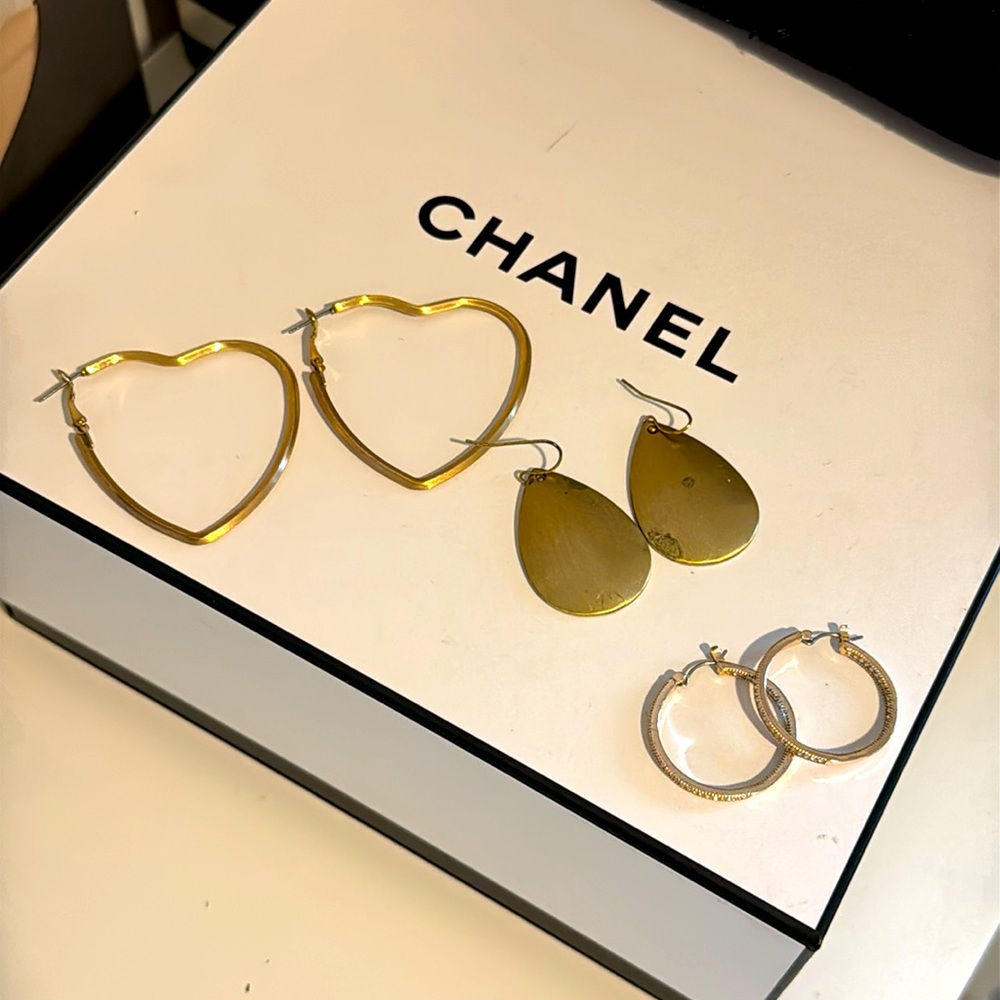 Fashion Gold Tone Earrings set of 3 Heart, Drop Tear, Crystal Hoops